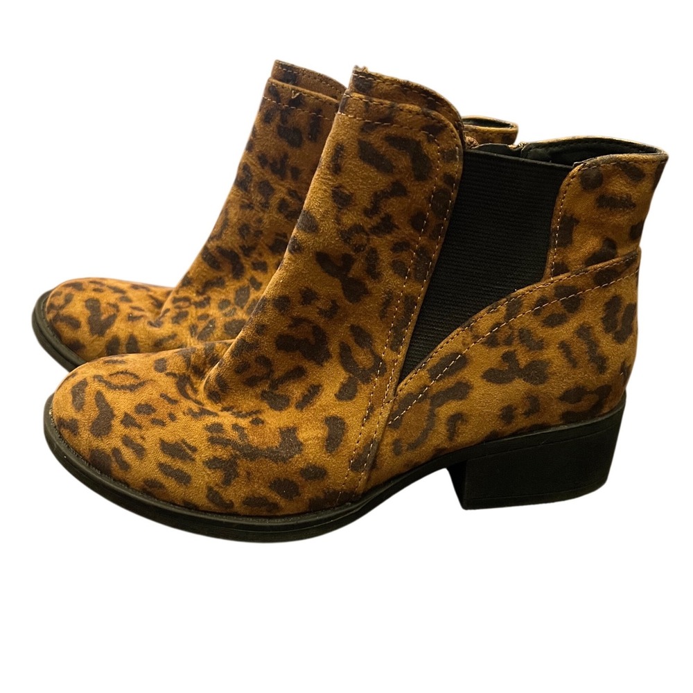 Stevies Kids Leopard Print Faux Suede Ankle Boots Brown‎ Side Zip Size 2